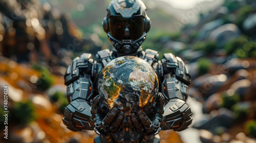 A thought-provoking image of a robot gently cradling a realistic Earth in its hands among a natural landscape, symbolizing technology and nature