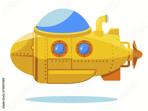Yellow Submarine, Bathyscaphe cartoon, underwater ship, sea research transport, diving apparatus, Boat Flat design. Vector