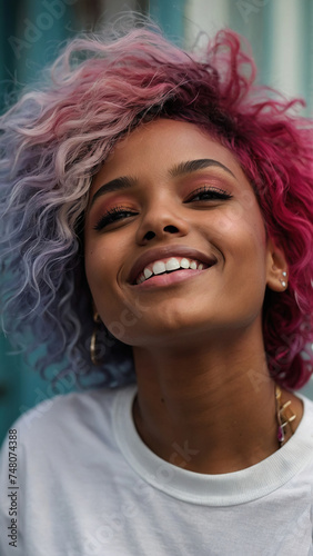 Happy and laughing young black EMO girl with bright hair