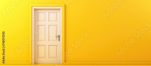 A room filled with natural light  featuring a white door with a frame standing out against a yellow wall  creating a vibrant and bright space.