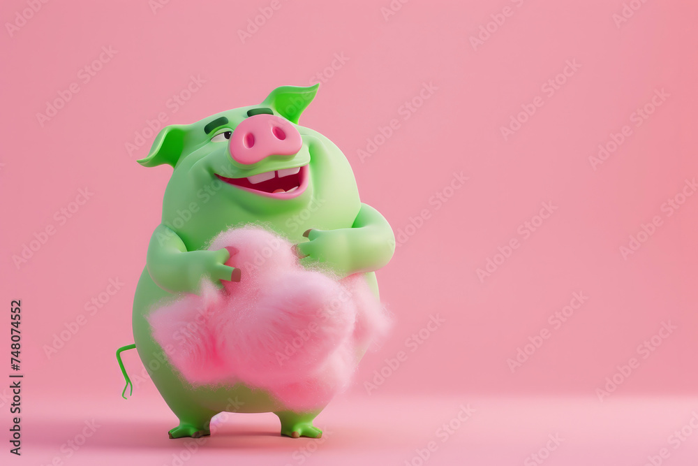 Rendered in the animation style, this image features a pink and green pig-shaped cotton candy with a joyful expression against a pink background. green pig cotton candy material, with happyexpression Rendered in the animation style, this image features a pink and green pig-shaped cotton candy with a joyful expression against a pink background. green pig cotton candy material, with happyexpression