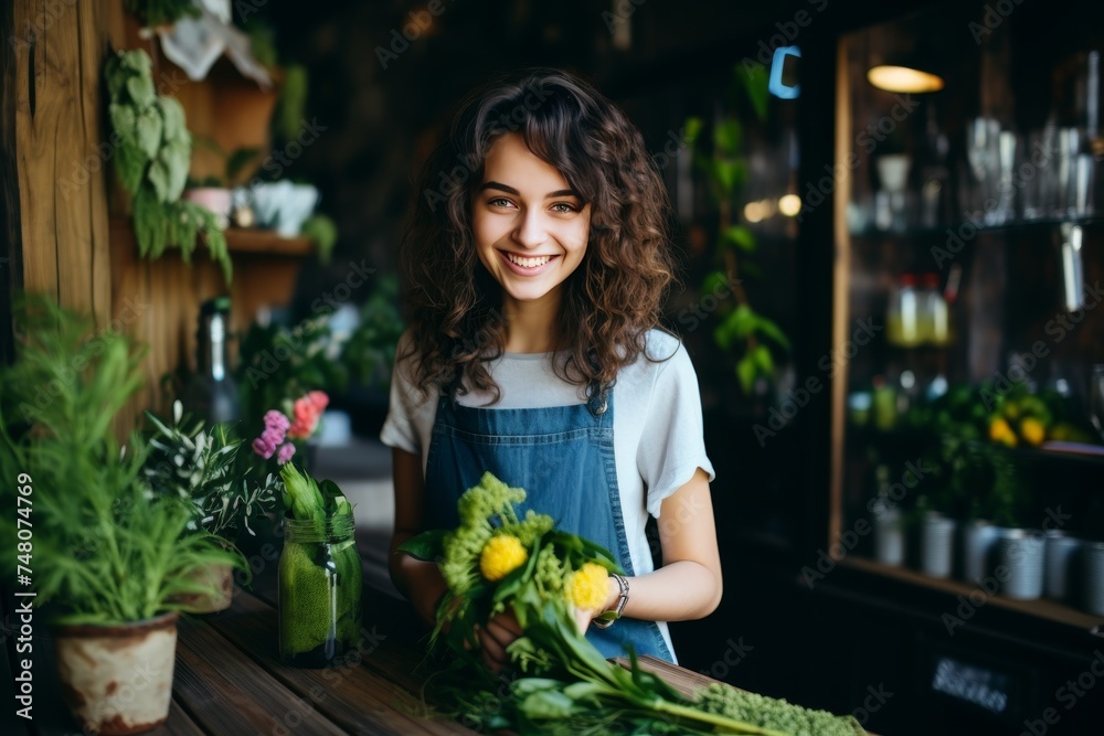 Joyful female florist creating stunning floral arrangements in a colorful and lively flower shop