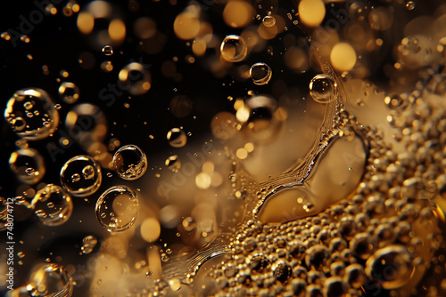 Abstract golden bubbles and droplets in close-up view