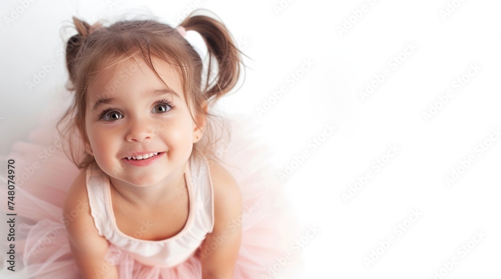 Top view of cute funny little girl wearing pink tutu ballet isolated on white background. Top view of cute funny little girl wearing pink tutu ballet isolated on white background.