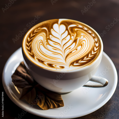 A close-up of a coffee cup with latte art.