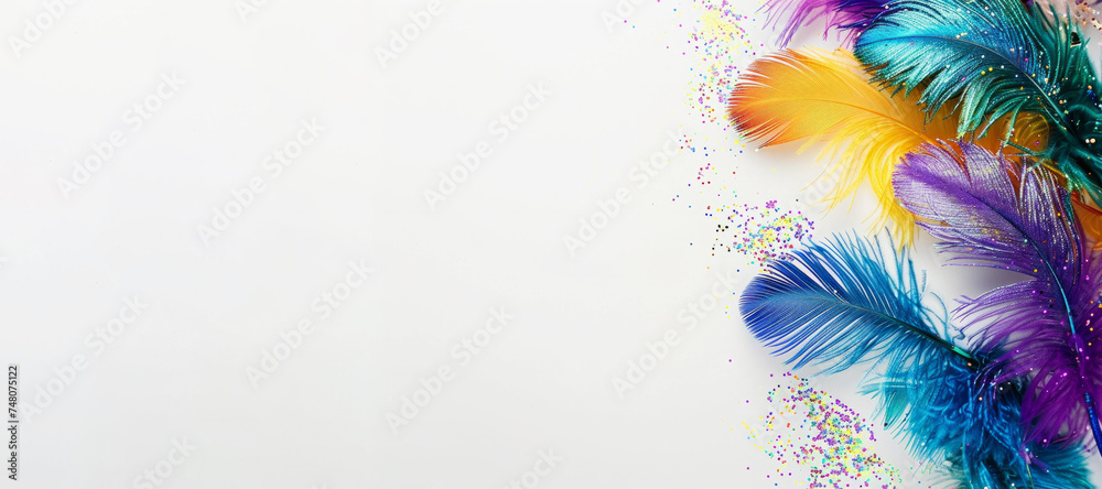 Obraz premium Vibrant feathers artistically arranged against a clean white background, providing plenty of space for additional design elements. Perfect for projects related to crafts, fashion, or decor