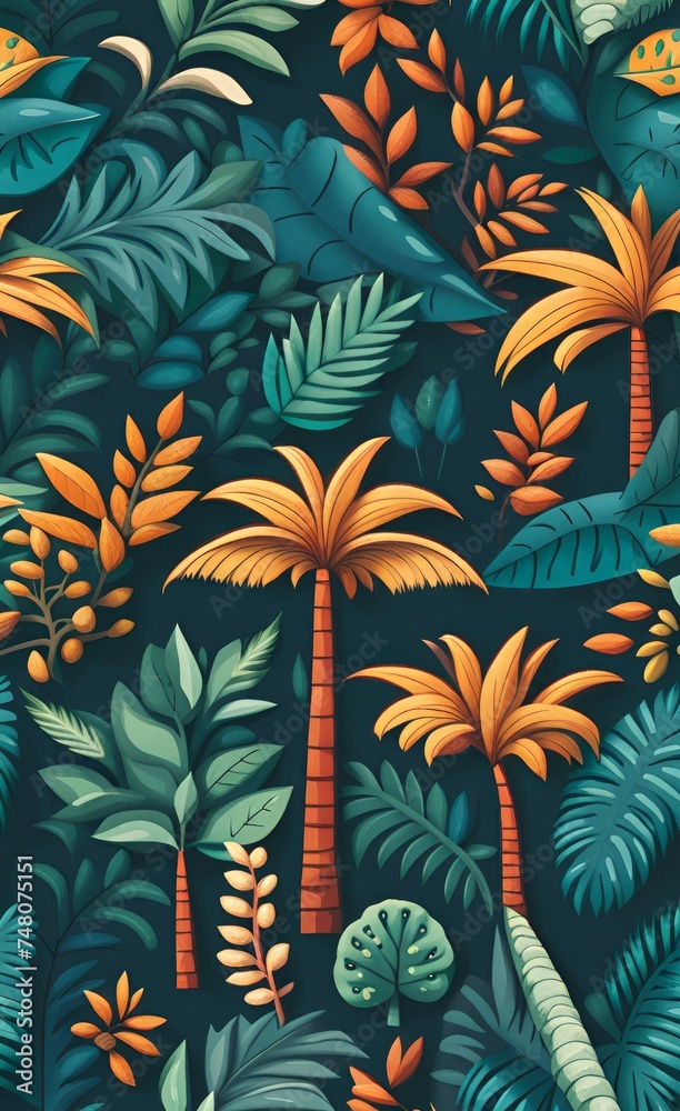 tropical trees and leaves wallpaper design, Generative AI tropical trees and leaves wallpaper design, Generative AI