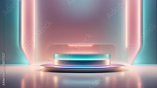 rainbow podium with gentle luxurious lighting 3d shape product display presentation, minimal wall scene, studio room photo