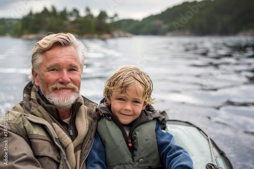 Smiling Father and Son together fishing from a boat