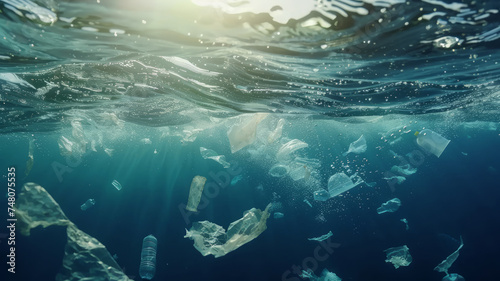Plastic pollution of the ocean. Plastic garbage floating in water.
