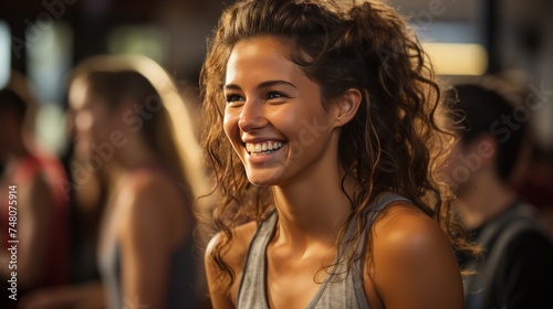 Portrait of smiling young woman looking at camera with friends in background © nahij