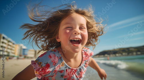 Smiling chubby girl with blond hair and flower print dress enjoying a summer day on the beach by the ocean, radiating beauty and happiness.