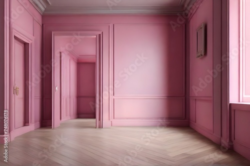 Empty interior of wooden floor and pink paint room