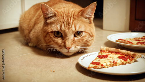 Thief Cat Feeling Guilty for Stealing the Pizza Slices from the Dinner Table © CreativeStock