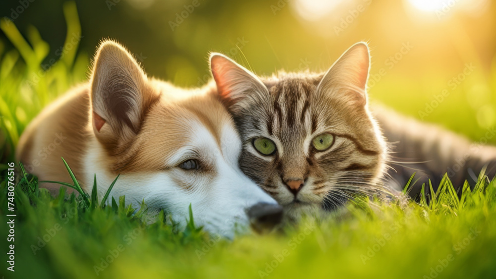 Cute corgi puppy and tabby cat lying on green grass.