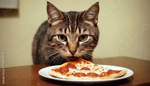 Thief Cat Trying to Steal the Pizza Slice from the Dinner Table