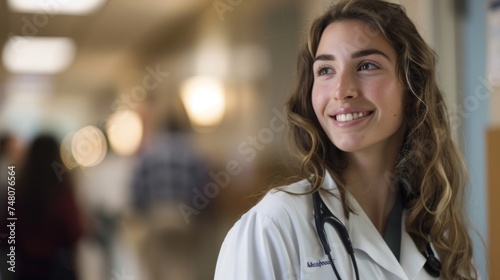 A student looking proudly at their white coat a symbol of their journey towards becoming a skilled and compassionate medical professional.
