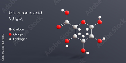 glucuronic acid molecule 3d rendering, flat molecular structure with chemical formula and atoms color coding photo