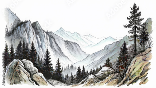 Mountain landscape with coniferous forest. Hand drawn watercolor illustration.