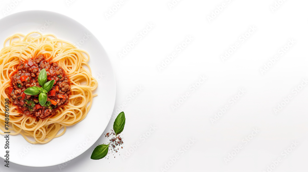 Top view of spaghetti with bolognese sauce, basil, tomato isolated on white background, with empty copy space Top view of spaghetti with bolognese sauce, basil, tomato isolated on white background, with empty copy space