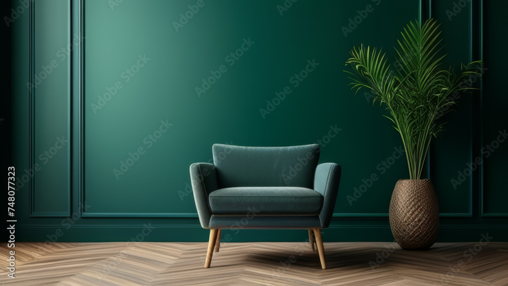 Green living room interior with armchair and plant - 3d rendering Green living room interior with armchair and plant - 3d rendering