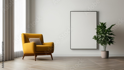 Modern bright interiors apartment with mockup poster frame 3D rendering illustration