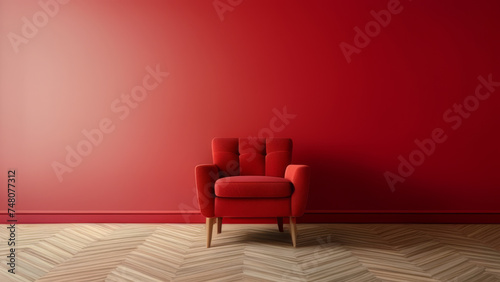 Red living room interior with red armchair and parquet floor - rendering