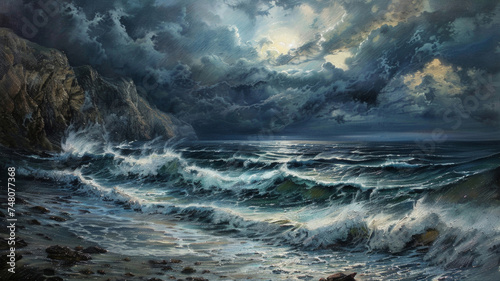 Painting of waves crashing on the shore. Ocean waves and stormy weather. Rough seas illustration.