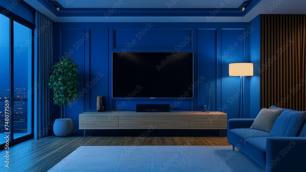 TV on the wall in modern living room. 3d rendering.