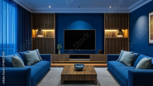 TV on the wall in modern living room. 3d rendering. © Steve