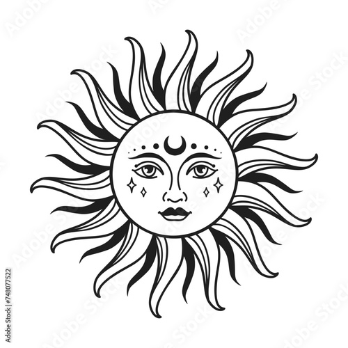 Sun vector illustration, hand drawn celestial boho line art logo, icons and symbol mystic moon tattoo elements for decoration.