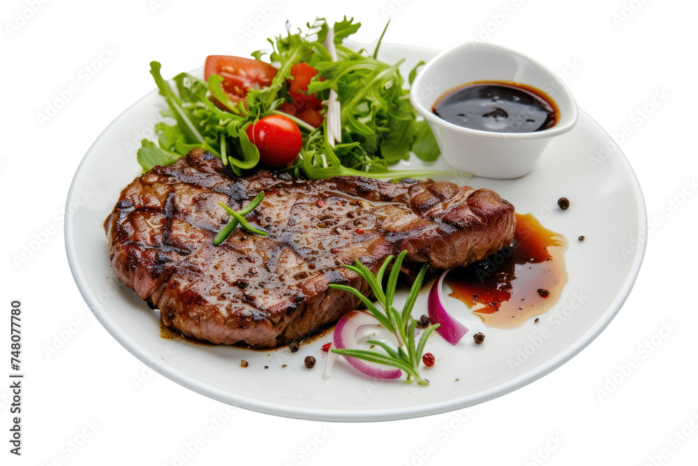Top view of delicious grilled beef steak and rough potatoes with vegetable salad served on a plate on transparent background.