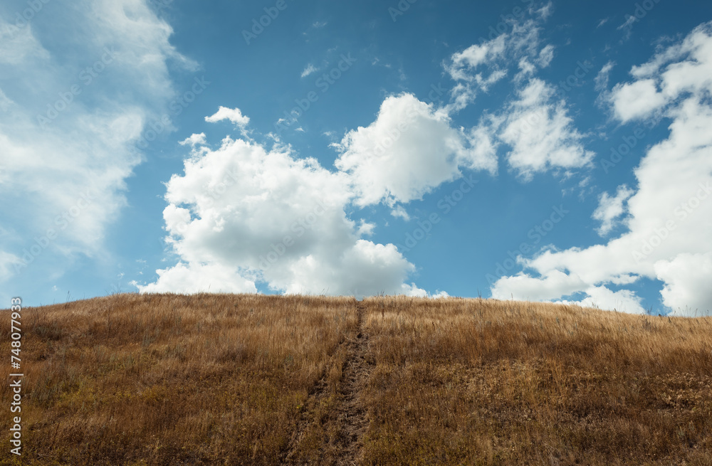 Up to the sky - narrow uphill path. Dry grass in the foreground and dark blue sky with few clouds. Looking up at the sky view. 