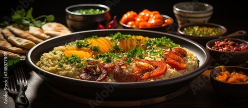 Rice with chicken and vegetables on wooden table. Eastern cuisine.