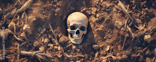 Unearthed human skull from the ground at a crime scene. Concept of investigation and murder. photo