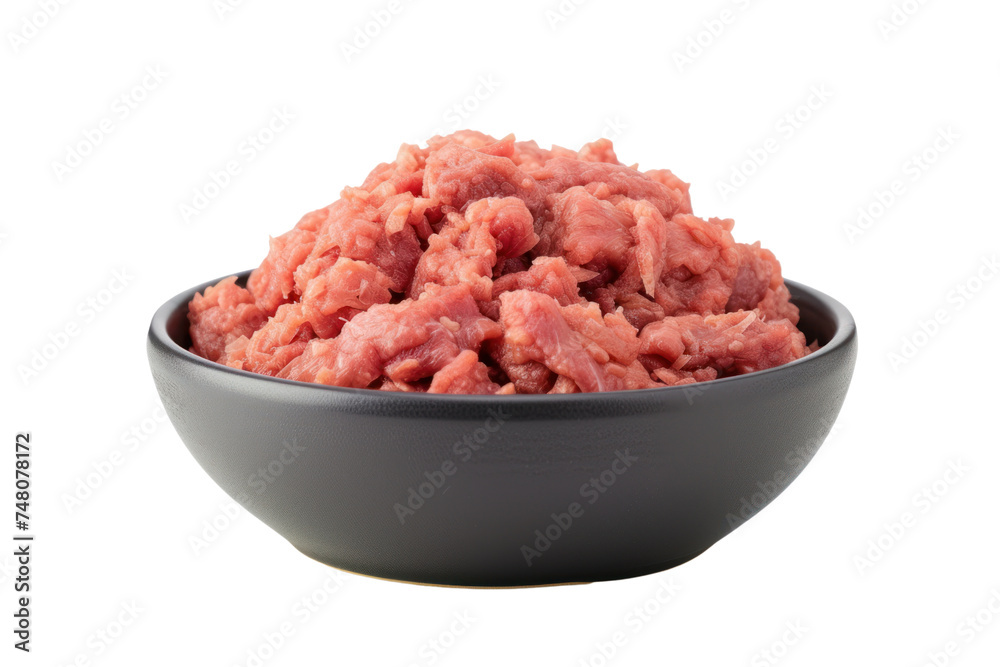 Natural dog food, raw minced meat in a gray bowl, isolated on transparent background. Natural dog food, raw minced meat in a gray bowl, isolated on transparent background.