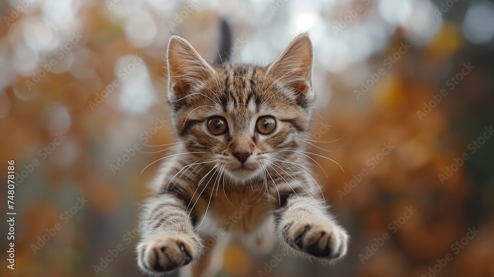 A playful tabby cat jumps mid-air looking at the camera in this funny cat flying photo.