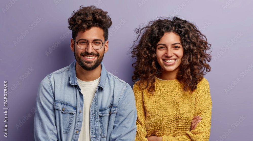 couple standing together with a friendly posture, both wearing glasses and smiling at the camera. couple standing together with a friendly posture, both wearing glasses and smiling at the camera.