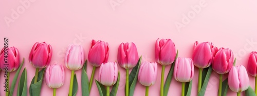 Creative layout composition of bottom row of pink tulip flowers with green leaves and stems on pink background with copy space for text. Spring or summer blooming frame. View from above. Banner