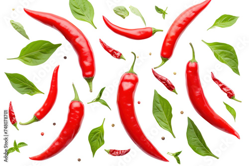 Top view. Collection of fresh chili peppers with leaves. Fresh spicy red chili peppers isolated on transparent background.