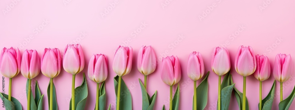 Creative layout composition of bottom row of pink tulip flowers with green leaves and stems on pink background with copy space for text. Spring or summer blooming frame. View from above. Banner