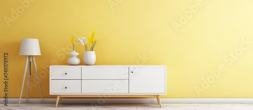 A room featuring a vibrant yellow wall and a sleek white dresser. The contrast between the yellow and white elements creates a modern and visually appealing space. © Vusal