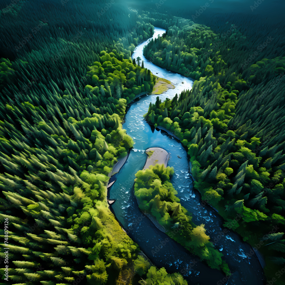 A drones view of a winding river through a forest.