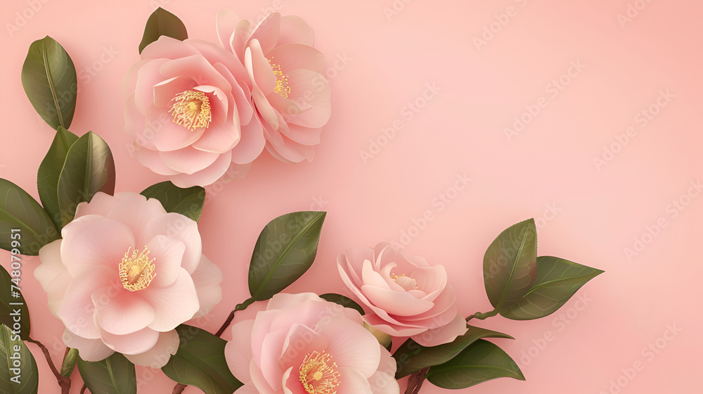 flat illustration, photorealistic camellia flowers on a soft pastel background, copy space on the right