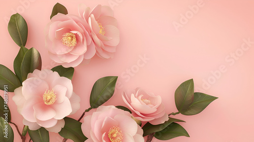 flat illustration  photorealistic camellia flowers on a soft pastel background  copy space on the right