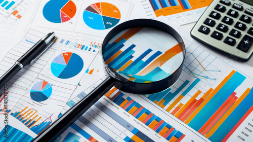 financial analysis tools including a magnifying glass focusing on a pie chart, a calculator, graphs, and printed financial statements, arranged on a blue background.