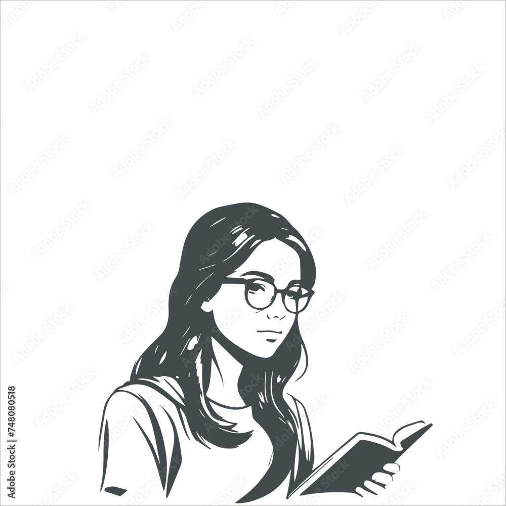 Conceptual Ink Drawing Illustration of a Teenage Girl Reading Book Conceptual Ink Drawing Illustration of a Teenage Girl Reading Book