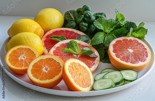 Vibrant display of fresh citrus fruits and herbs on a white plate  emphasizing healthy and refreshing choices
