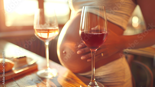  Pregnant girl with a glass of non-alcoholic wine. Concept: woman expecting a child, prohibition of alcoholism and addiction, harm to health