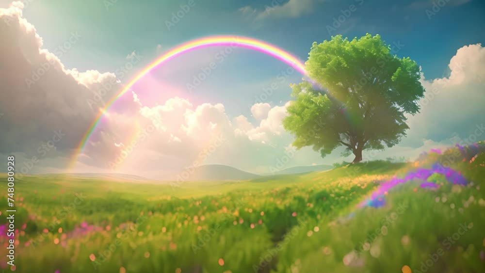 Magical green spring landscape with colorful rainbow. Layers of flowers over the vast meadows under a rainbow on a sunny day
